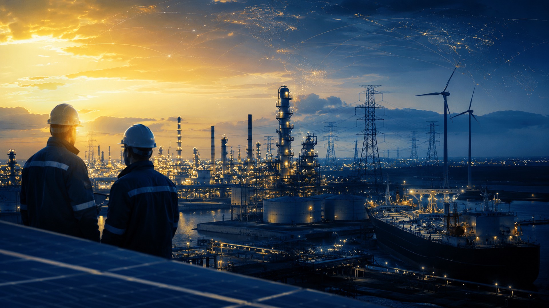 Engineers overlooking an industrial energy facility at dusk