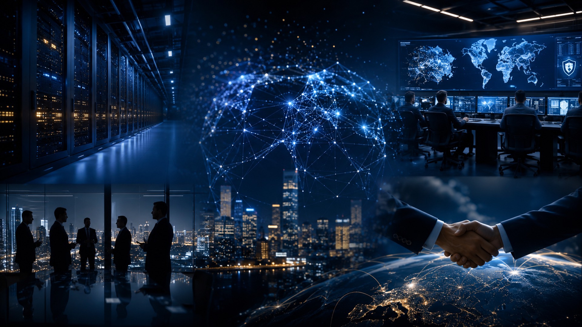 Business handshake beside a city skyline and global network visual