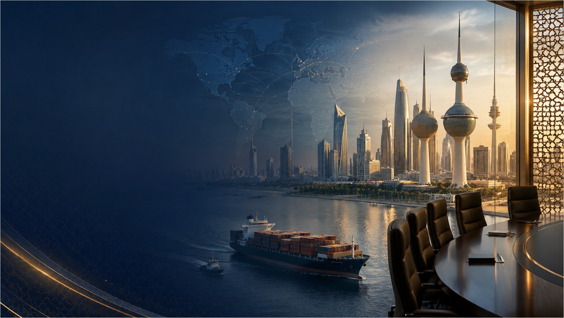 Kuwait City skyline with a container ship on the water